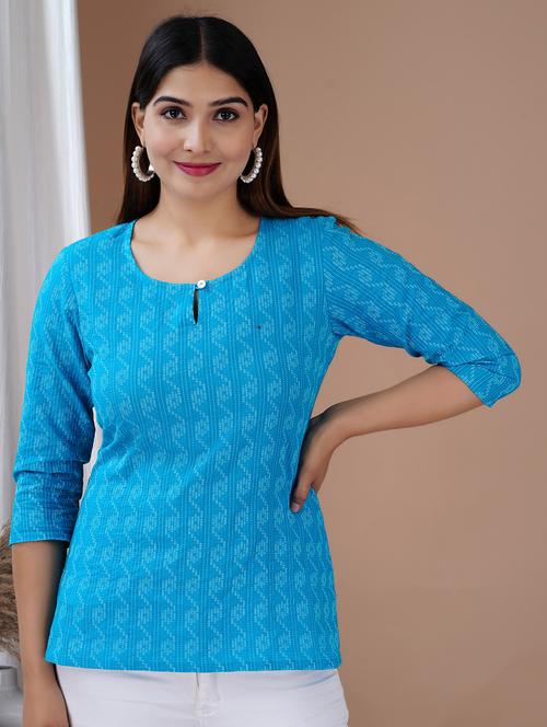 blue self design regular tunic - 20319402 - Very Small Image - 1