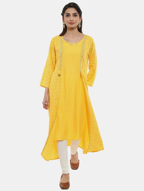 yellow three quarter sleeve layered kurta - 20319426 - Very Small Image - 1