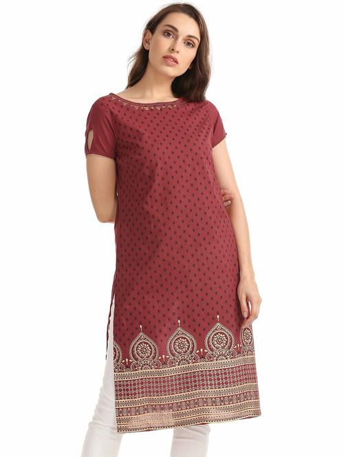 women maroon boat neck straight kurta - 20319477 - Very Small Image - 1