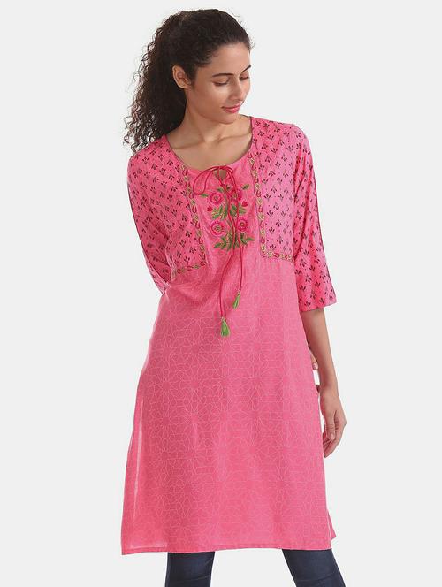 women pink tie up neck straight kurti - 20319516 - Very Small Image - 1
