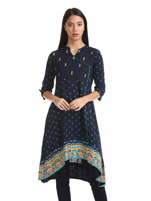 women navy blue overlap neck high low kurta - 20319527 - Very Small Image - 1