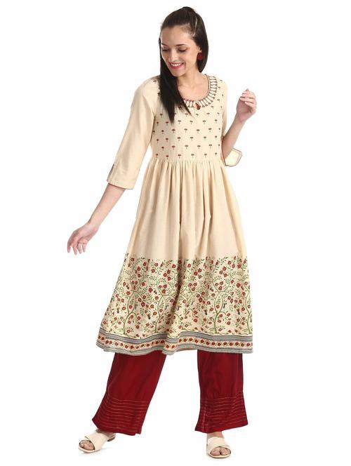 women beige key hole neck a-line kurta - 20319545 - Very Small Image - 1