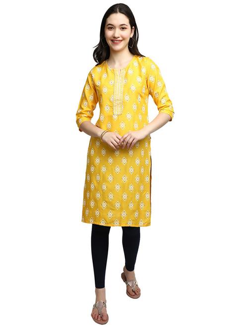yellow three quarter sleeve straight kurta - 20319732 - Very Small Image - 1