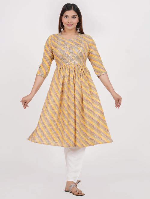 yellow striped cotton a-line kurta - 20320018 - Very Small Image - 1