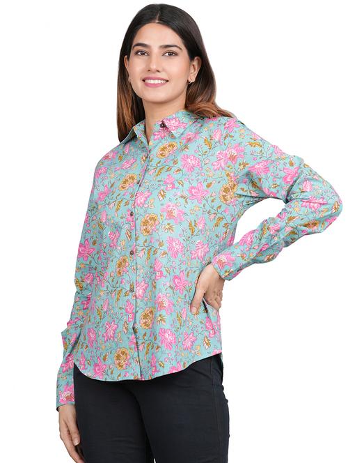 blue floral print long sleeve shirt - 20320126 - Very Small Image - 1