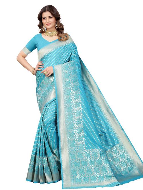 turquoise colored banarasi saree with blouse - 20321169 - Very Small Image - 1