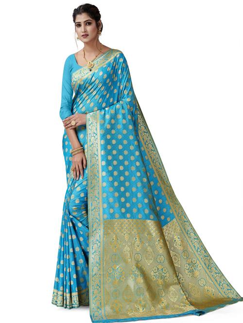 turquoise colored banarasi saree with blouse - 20321189 - Very Small Image - 1