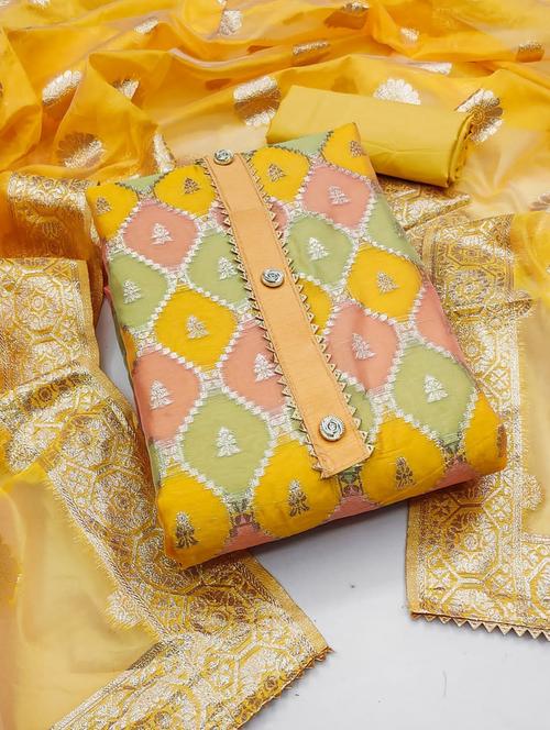 women yellow banarasi unstitched suits - 20321667 - Very Small Image - 1