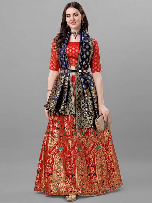 red flared semi stitiched lehenga - 20322376 - Very Small Image - 1