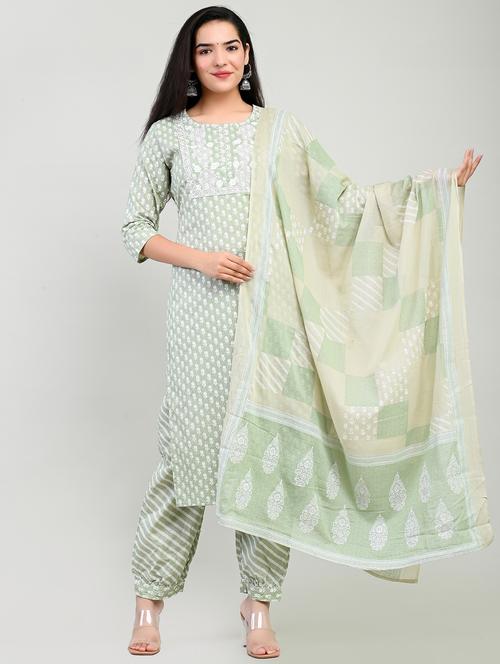 women green round neck kurta salwar set with dupatta - 20322740 - Very Small Image - 1