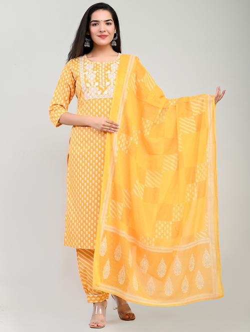 women yellow round neck kurta salwar set with dupatta - 20322741 - Very Small Image - 1