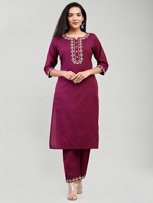 women magenta round neck kurta pant set - 20322781 - Very Small Image - 1