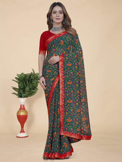 green colored printed saree with blouse - 20325984 - Very Small Image - 1
