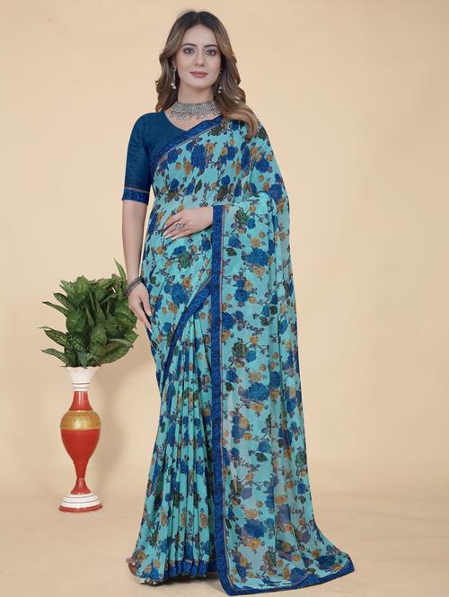 turquoise colored printed saree with blouse - 20325993 - Very Small Image - 1