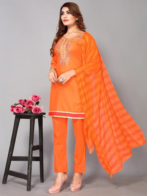 orange colored unstiched dress - 20326635 - Very Small Image - 1