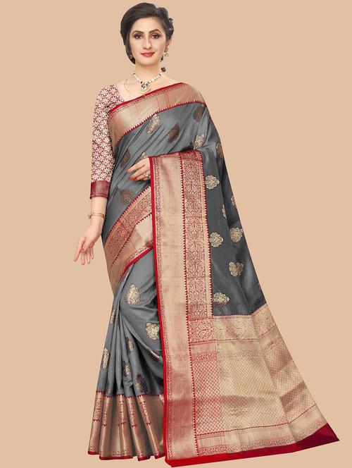 steel colored kanjivaram saree with blouse - 20329105 - Very Small Image - 1