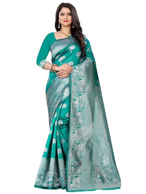 teal colored kanjivaram saree with blouse - 20329136 - Very Small Image - 1