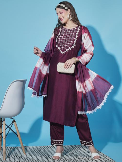 burgundy colored kurta pant set - 20329955 - Very Small Image - 1