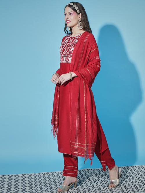 red colored kurta pant set - 20330039 - Very Small Image - 1