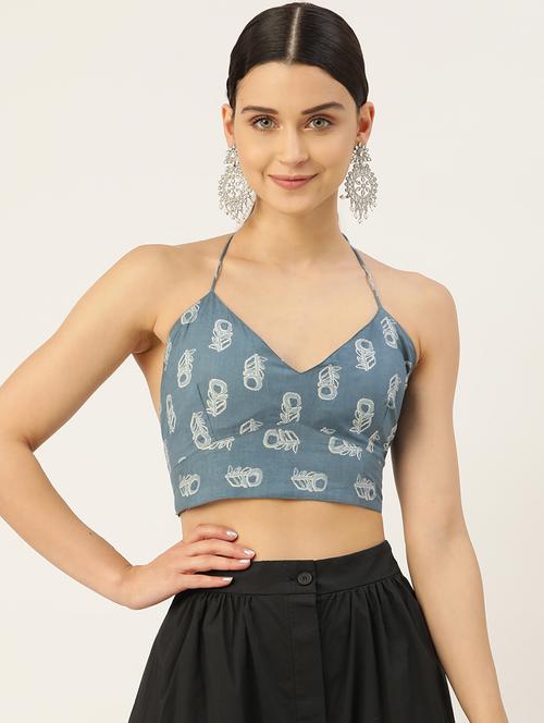 women blue floral print stitched blouse - 20330479 - Very Small Image - 1