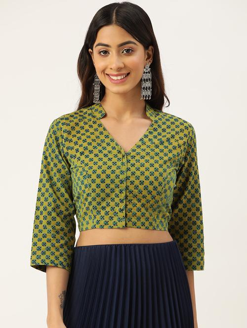 women olive block printed stitched blouse - 20330502 - Very Small Image - 1
