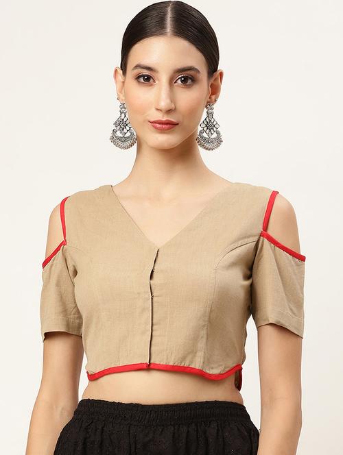 women beige v-neck stitched blouse - 20330566 - Very Small Image - 1