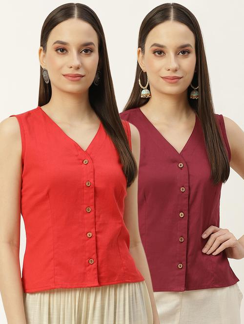 pack of 2 solid front open sleeveless blouse - 20330615 - Very Small Image - 1