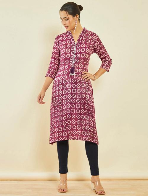 swomen magenta v neck a-line kurta - 20331257 - Very Small Image - 1