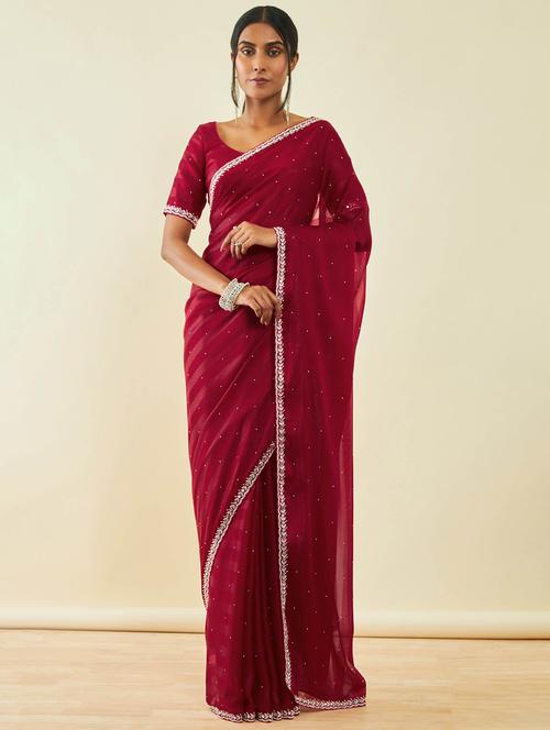 maroon woven saree with blouse - 20331341 - Very Small Image - 1