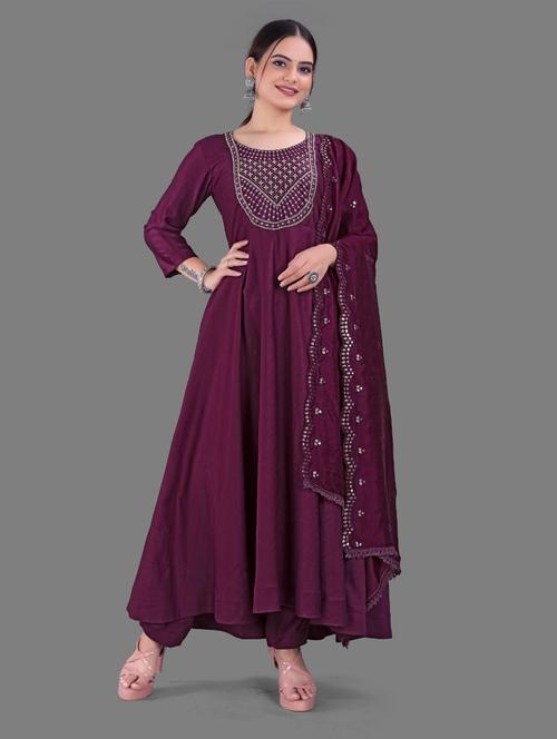 burgundy colored kurta dupatta set - 20331497 - Very Small Image - 1
