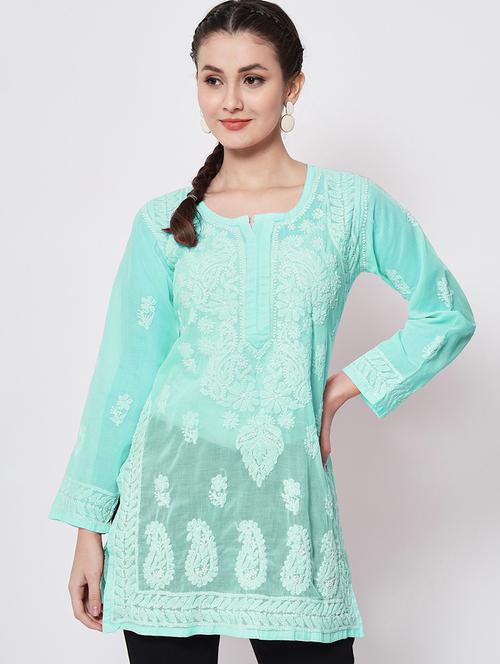 sea green chikankari embroidered short kurti - 20331682 - Very Small Image - 1