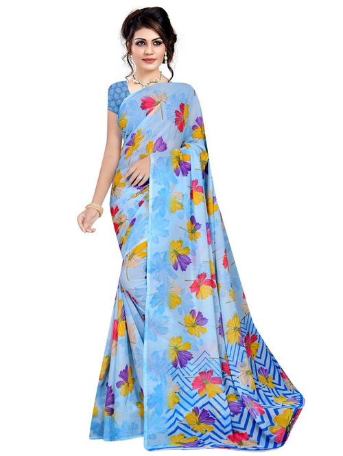 light blue colored printed saree with blouse - 20332239 - Very Small Image - 1