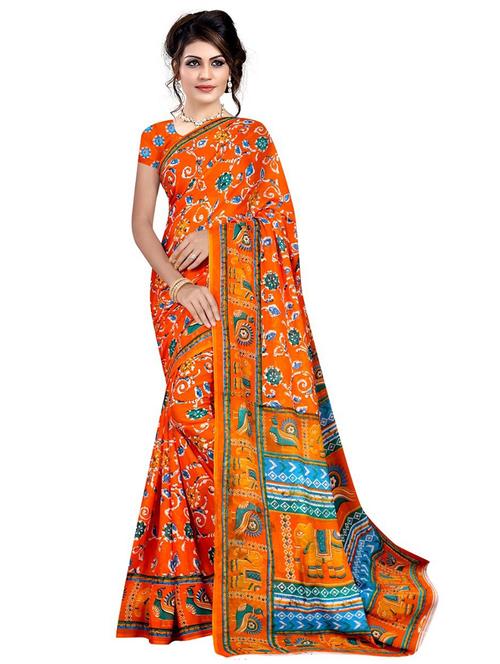 orange colored printed saree with blouse - 20332240 - Very Small Image - 1