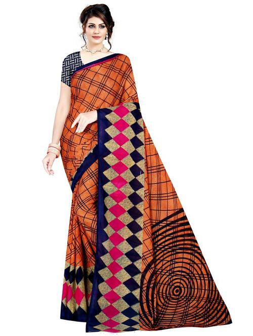 orange colored printed saree with blouse - 20332300 - Very Small Image - 1