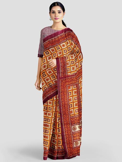 orange colored printed saree with blouse - 20332320 - Very Small Image - 1