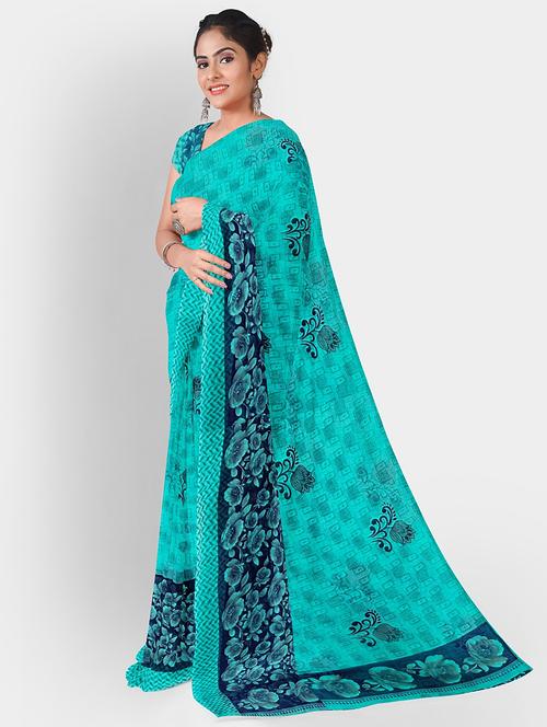 turquoise colored printed saree - 20332432 - Very Small Image - 1