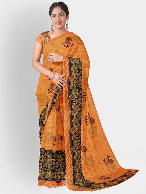 orange colored printed saree with blouse - 20332435 - Very Small Image - 1