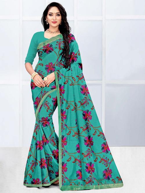 turquoise colored printed saree with blouse - 20332477 - Very Small Image - 1