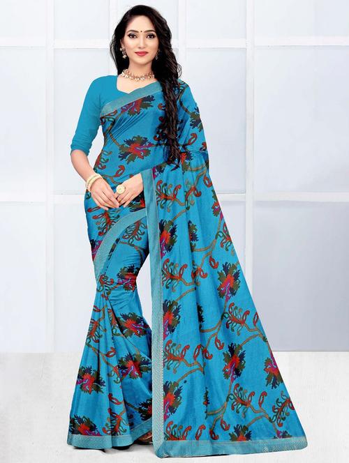 turquoise colored printed saree with blouse - 20332482 - Very Small Image - 1