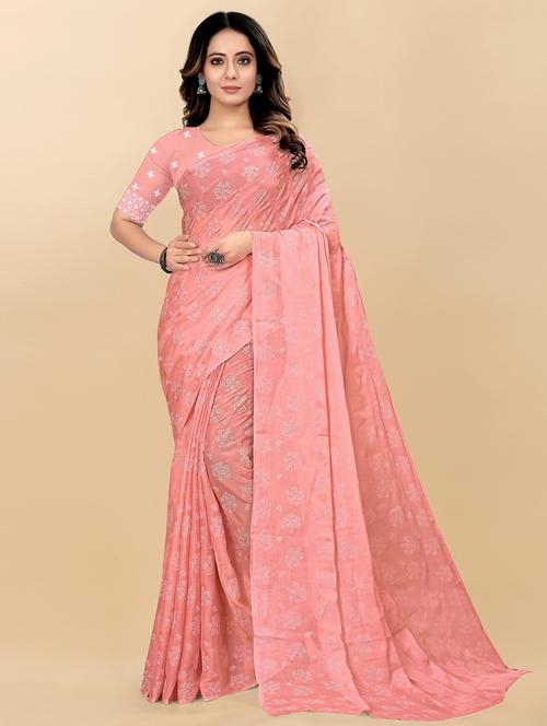 peach colored printed saree with blouse - 20332525 - Very Small Image - 1
