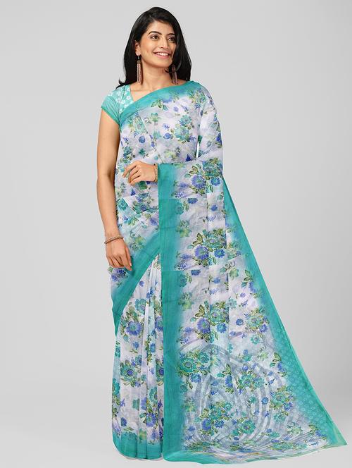 light blue colored printed saree with blouse - 20332593 - Very Small Image - 1