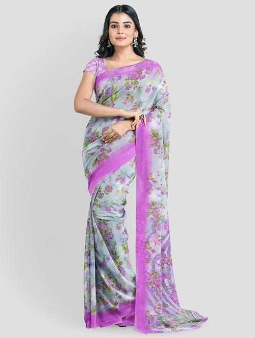 grey colored printed saree with blouse - 20332594 - Very Small Image - 1