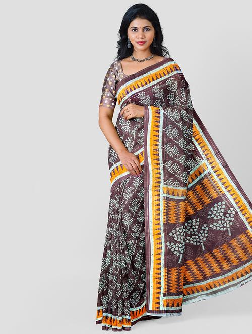 brown colored printed saree with blouse - 20332622 - Very Small Image - 1