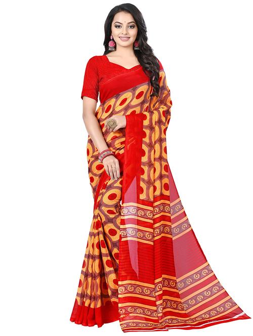 orange colored printed saree with blouse - 20332627 - Very Small Image - 1