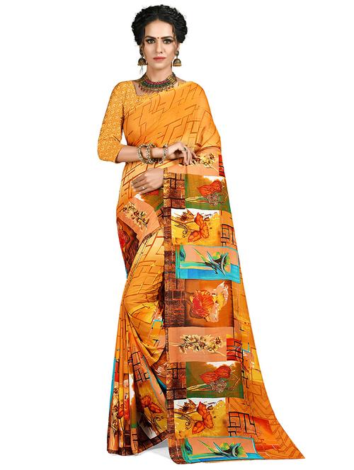 orange colored printed saree - 20332629 - Very Small Image - 1