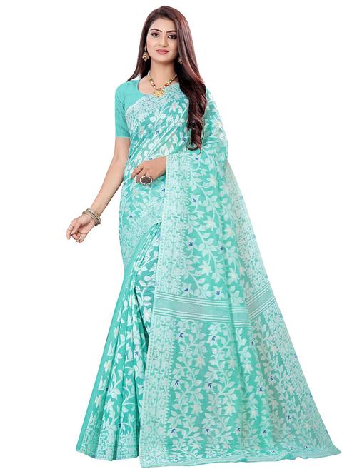 turquoise colored jamdani saree with blouse - 20332885 - Very Small Image - 1