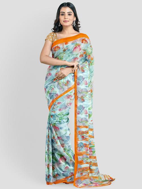 light blue colored printed saree with blouse - 20332960 - Very Small Image - 1