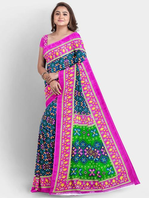 teal colored printed saree with blouse - 20333004 - Very Small Image - 1
