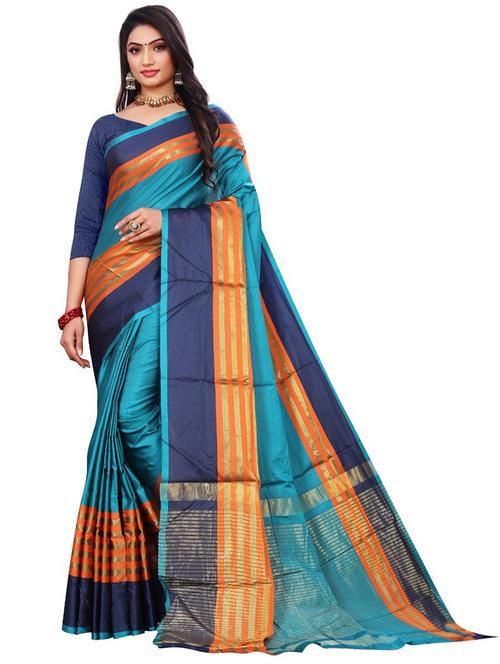 turquoise colored southern silk saree with blouse - 20333029 - Very Small Image - 1