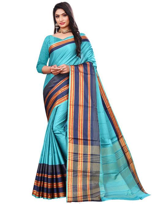 turquoise colored southern silk saree with blouse - 20333034 - Very Small Image - 1